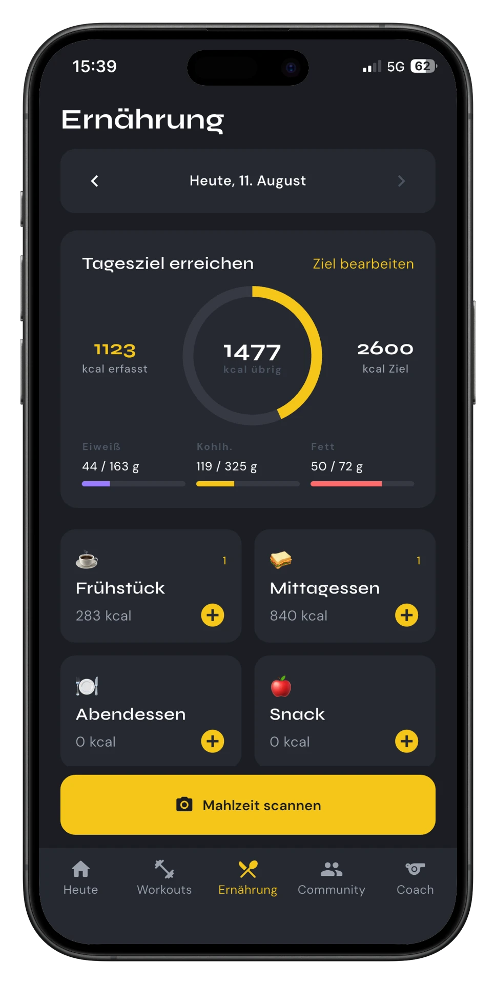 Ernährungstracking in FIT-UP Me mit Tagesziel, Makros und Mahlzeiten