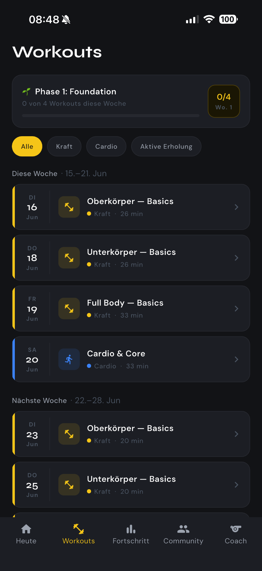 90-Tage-Trainingsplan in Phasen aufgeteilt — Wochenübersicht in der FIT-UP Me App