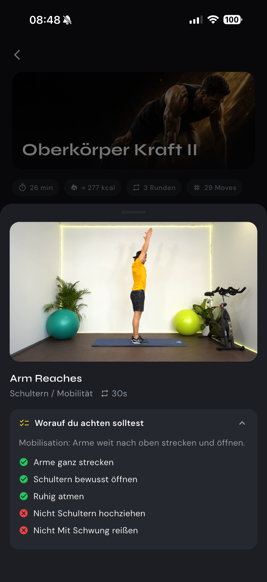 Geführtes Workout mit Übungsvideo, Wiederholungen und Coaching-Hinweisen