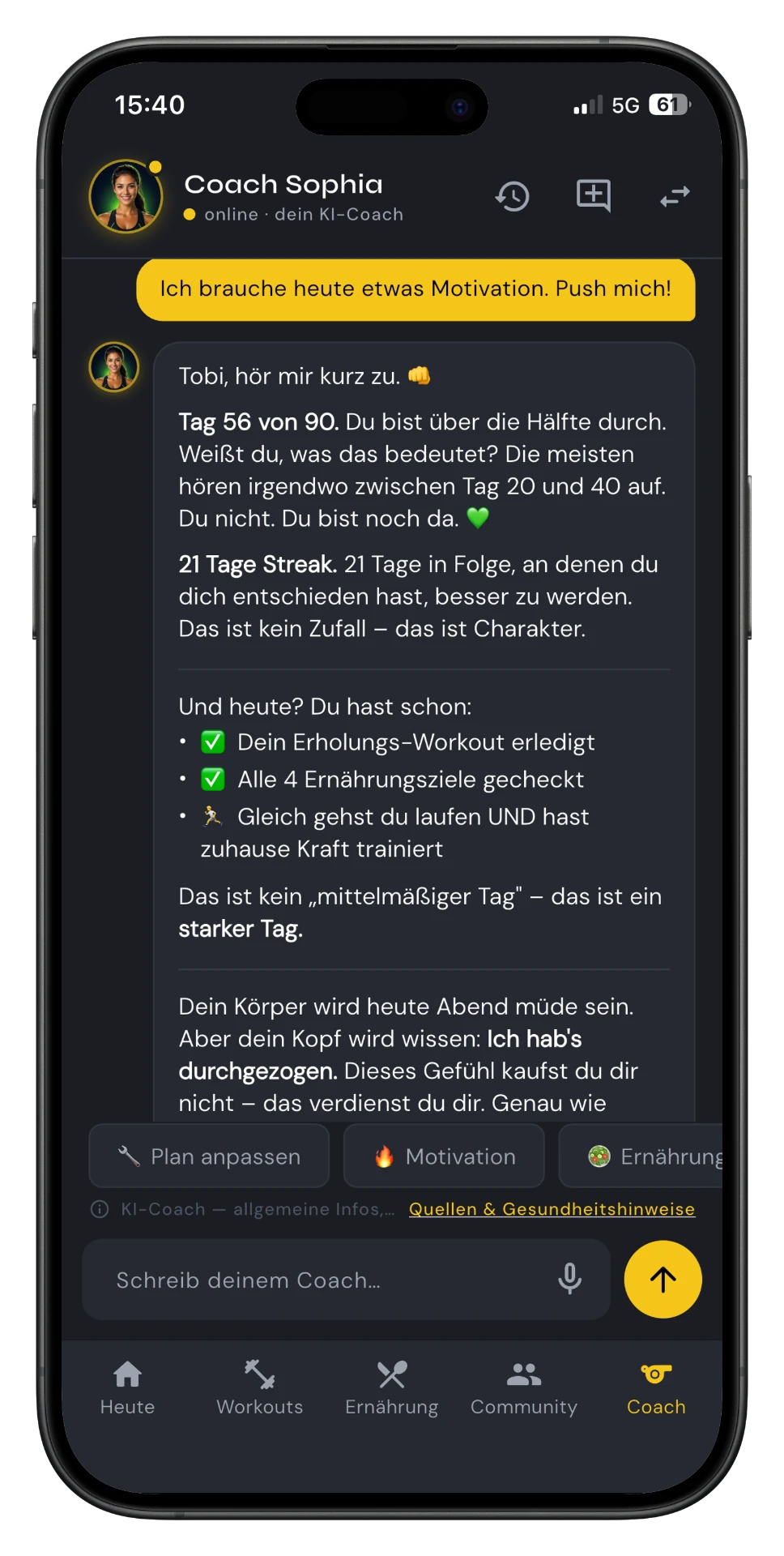 Chat mit dem KI-Coach in FIT-UP Me: persönliche Motivation und Plananpassung
