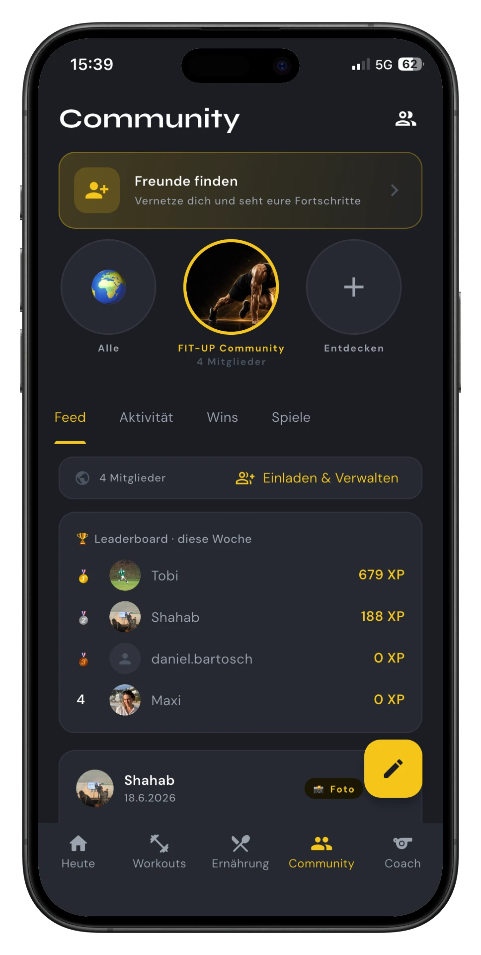 Community-Ansicht in FIT-UP Me mit Liga, Leaderboard und Freunden