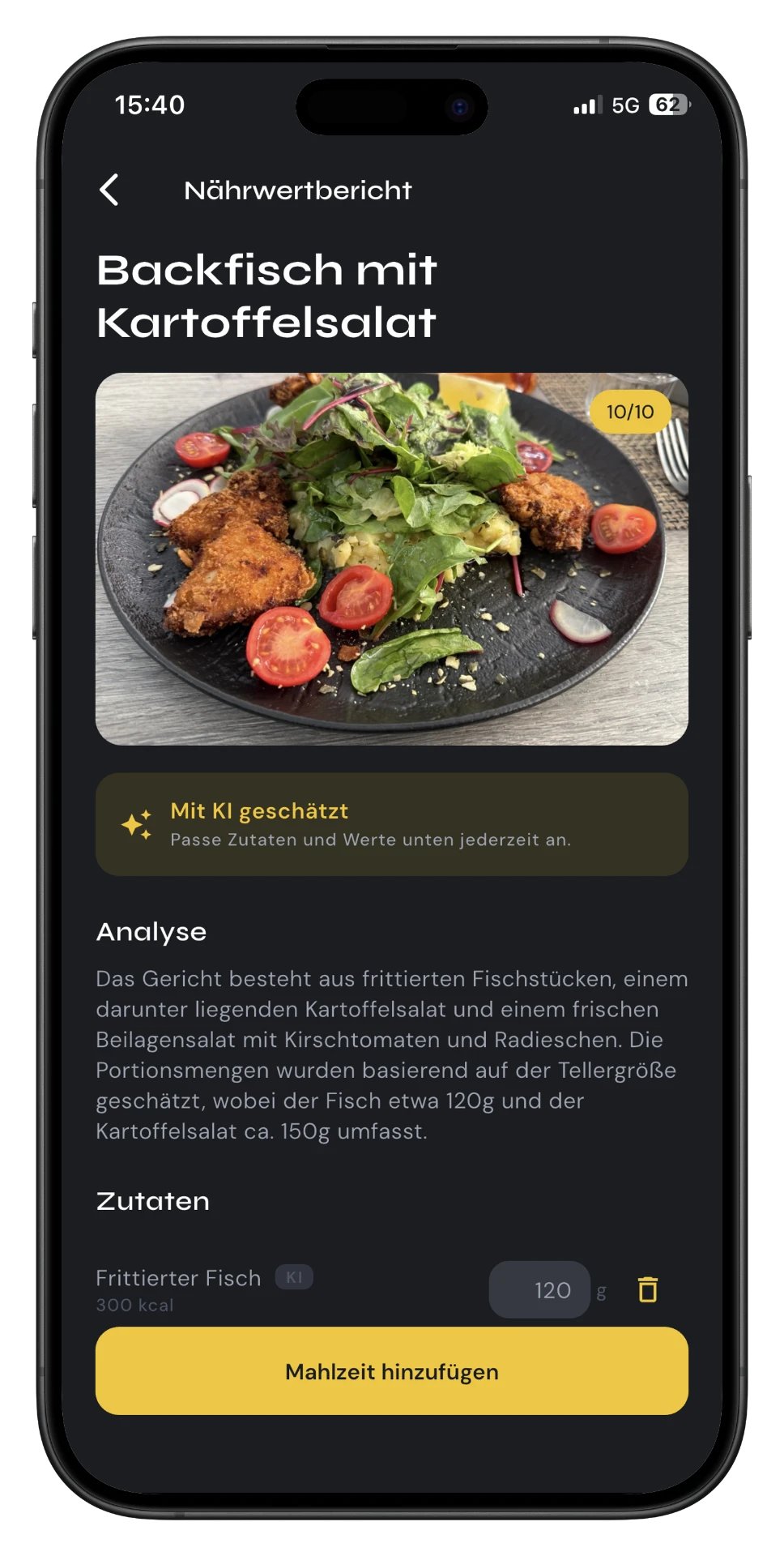 KI-Nährwertanalyse eines Fotos mit Zutaten und Kalorien in FIT-UP Me